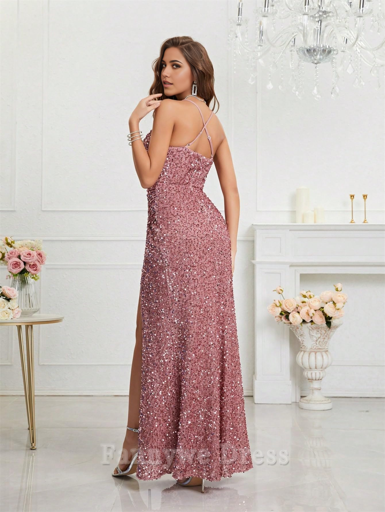 Mermaid V-Neck Spaghetti Straps Bodycon Sequin formal dresses Bridesmaid Dresses evening gown Prom Dress
